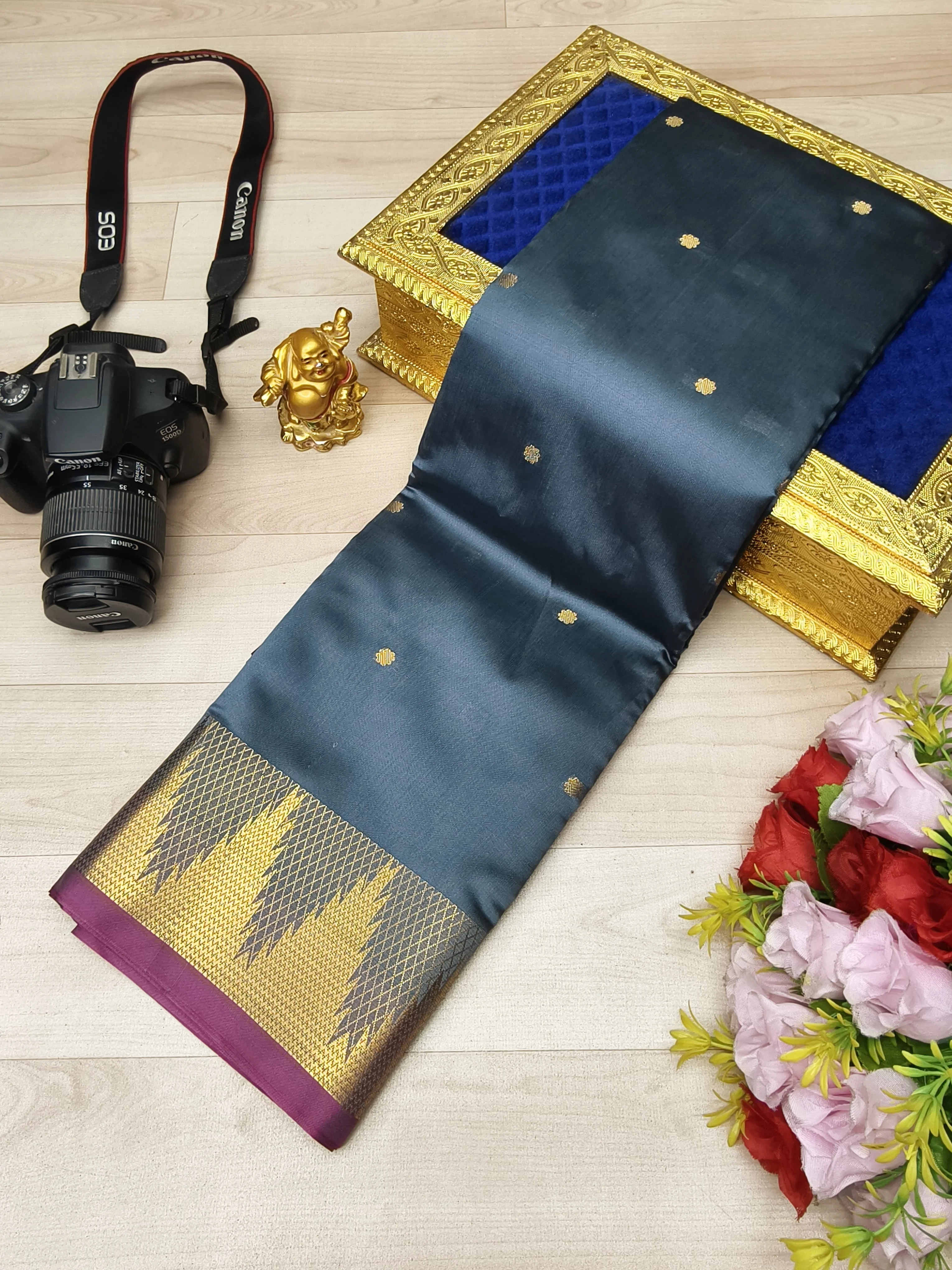 Maroon with Gold Buttas and Edges Soft Silk Saree